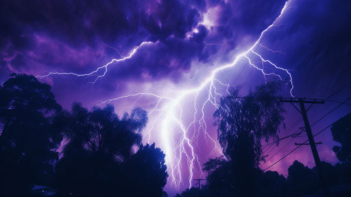 Purple lightning in sky like 35mm film