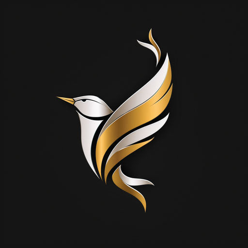 Stylized logo design art in gold and white, on sleek black background