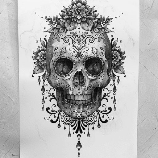 Elegant flat tattoo sketch of a Calavera adorned with intricate floral lace designs
