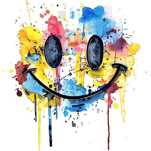 Watercolor style smiley face tattoo design, with splashes of color, on a white backdrop.