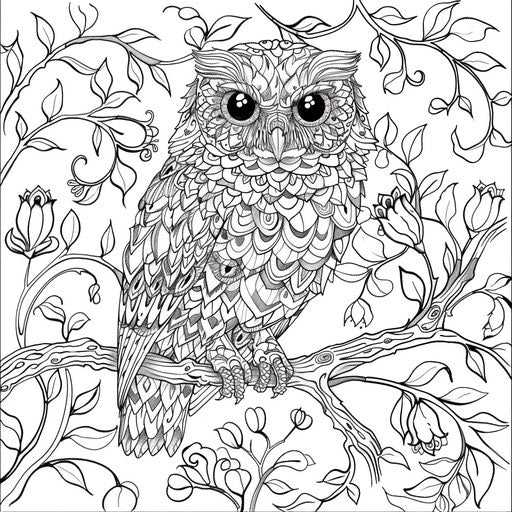 Adorable owl on a branch. Coloring book page