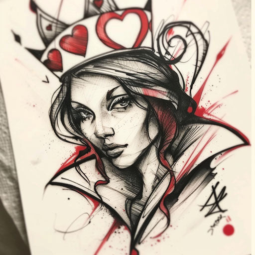 Bold Queen of Hearts on white background with red accents