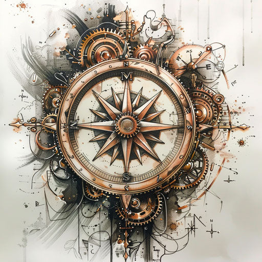 Steampunk tattoo sketch of a compass rose with gears and copper tones