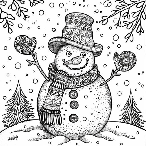 Snowman with hat, scarf, and three buttons.