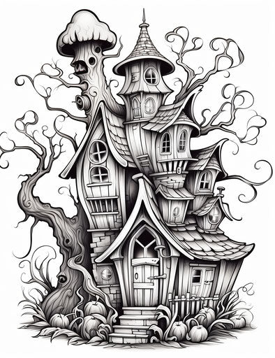 Halloween house coloring page, precise draftsmanship style, captivating 24:31