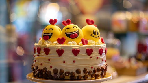 Cute cake with yellow emojis and hearts, white cream texture