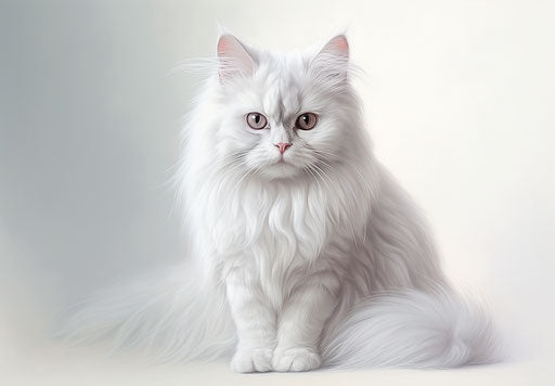 White cat on white background, light silver and dark maroon style