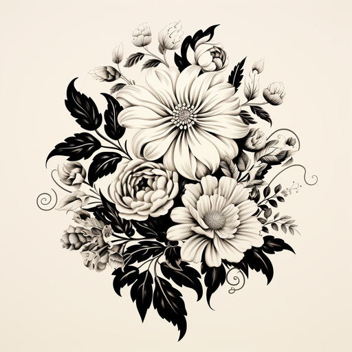 Black and white floral design, classic tattoo style