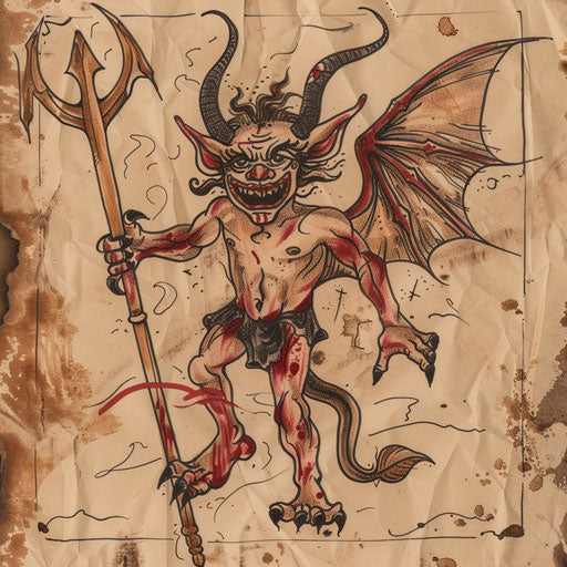 Whimsical flat tattoo sketch of Lucifer with trident