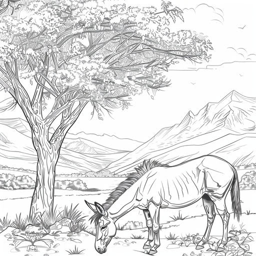 Donkey grazing under a tree with mountains in the background