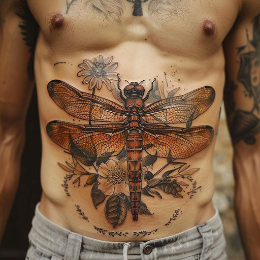 Men's stomach tattoos of a dragonfly