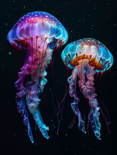Two jelly fish floating on dark background