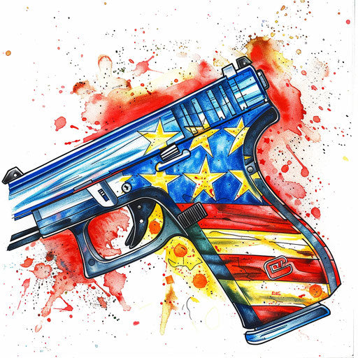 Tattoo design gun US flag pattern white star background