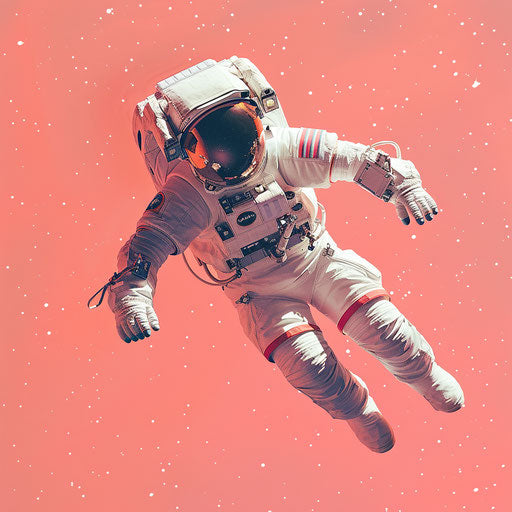 Realistic space illustration on a flat, vibrant coral background