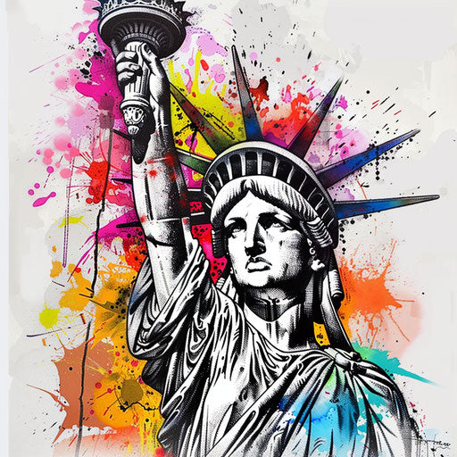 Sketch of modern graffiti-inspired tattoo of the Statue of Liberty with splashes of bright spray paint colors