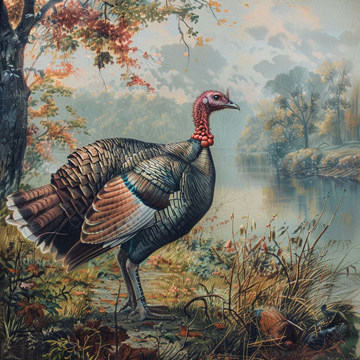 Wild turkey near a peaceful riverbank, in the style of Marsel van Oosten