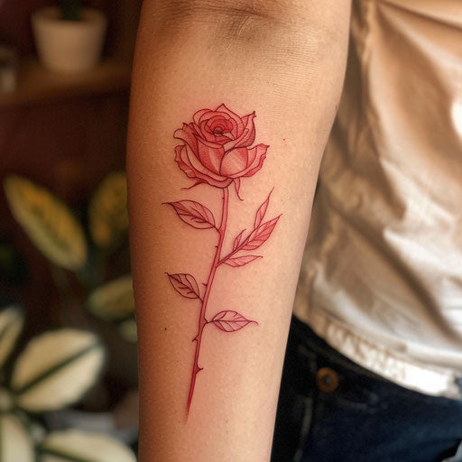 Minimalist tattoo sketch of a red rose with a single continuous line and subtle gradient