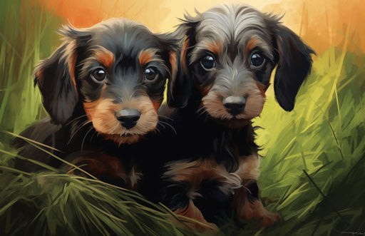 Two puppies sitting in the grass, dark orange and black style, masculine, light navy and light green 17:11