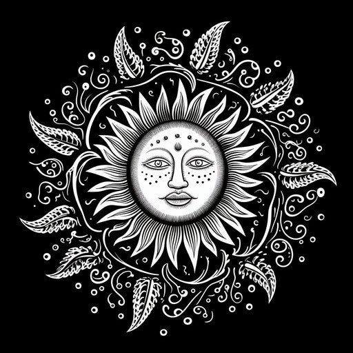 Sun doodle in black and white, colorful fantasy style
