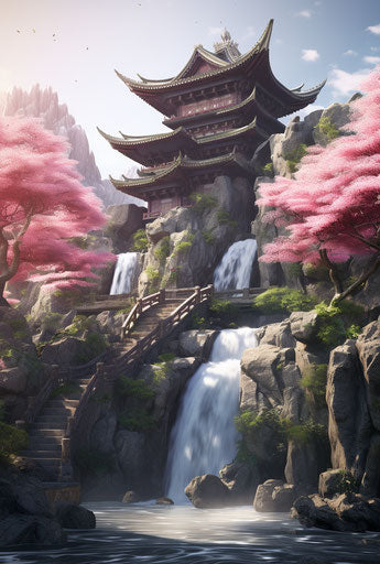 Beautiful painting of an oriental Asian temple and waterfall