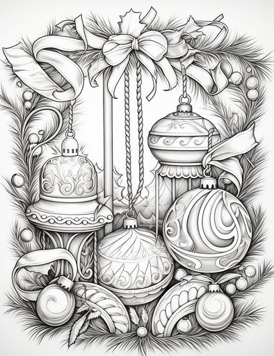 Christmas coloring pages with ornaments and gifts, instax film style, limited color range