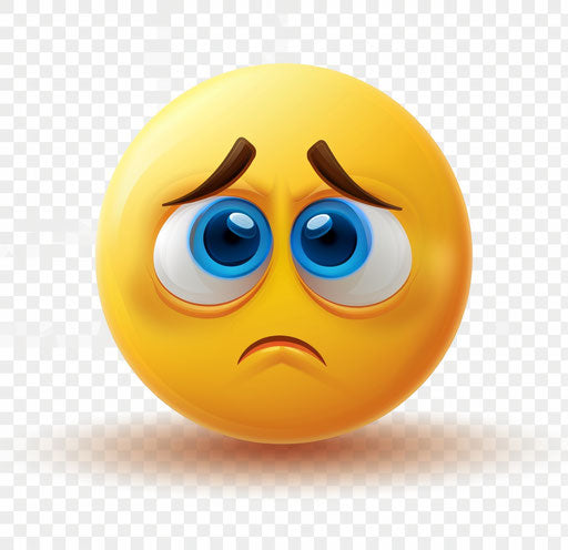 Sad yellow emoji with blue eyes and frown lines on transparent background