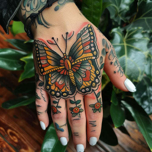Butterfly hand tattoo with nautical themes