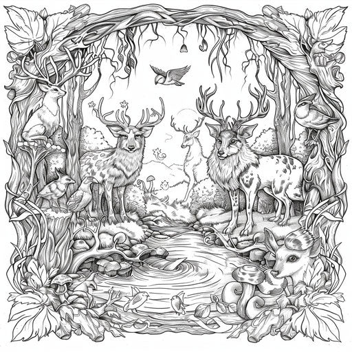 Fantasy forest with mythical animals, Jan Brett style, coloring