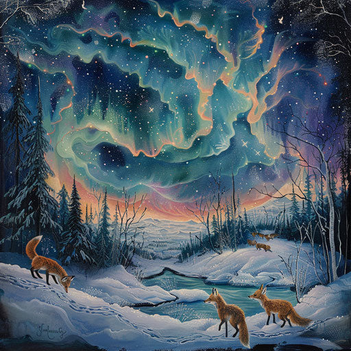 Foxes dancing under the northern lights in a snowy landscape