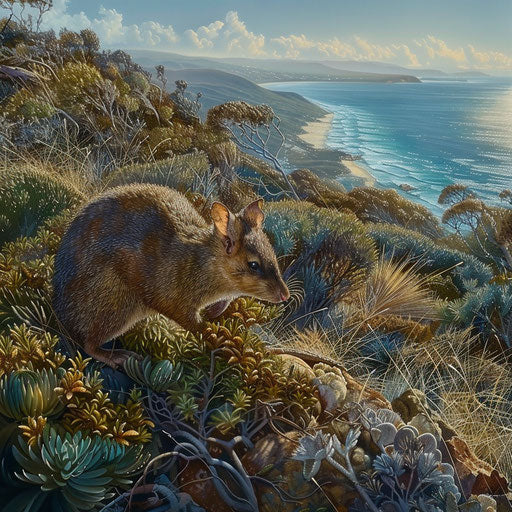 An antechinus in a coastal scrubland, with the ocean shimmering in the background.
