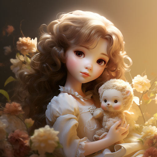 Miniature girl with doll, anime style, delicate flowers