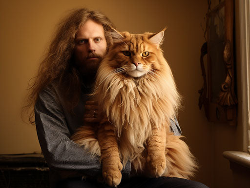 Man holding large long haired cat in kitchen