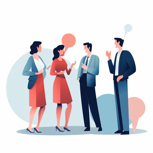 Minimalist style clipart of people talking, on white background