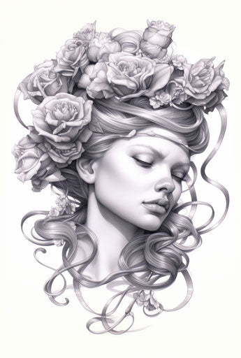 Woman with snakes and roses, linear style, exotic, canvas, tattoo