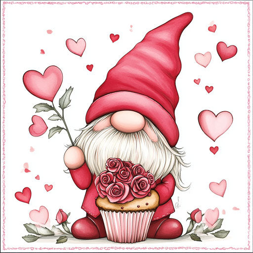 Valentine's Day Gnome with roses and hearts holding a cupcake