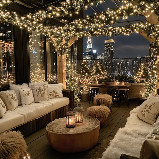 Winter rooftop party with heated lamps and city lights view