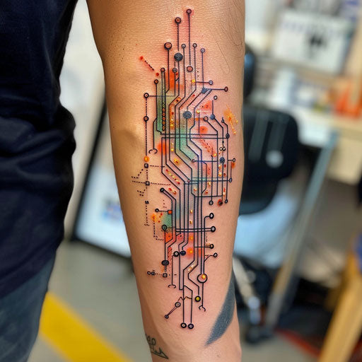 Modern flat tattoo sketch of a digital enigma code in neon colors