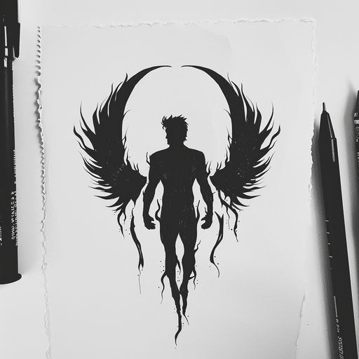 Minimalist sketch of Lucifer's silhouette with a background flame