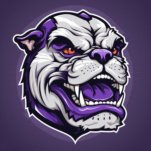 Graphic design with bulldog logo in purple and gray