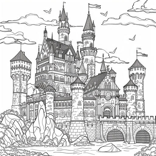 Detailed medieval castle, Gennady Spirin style, coloring page