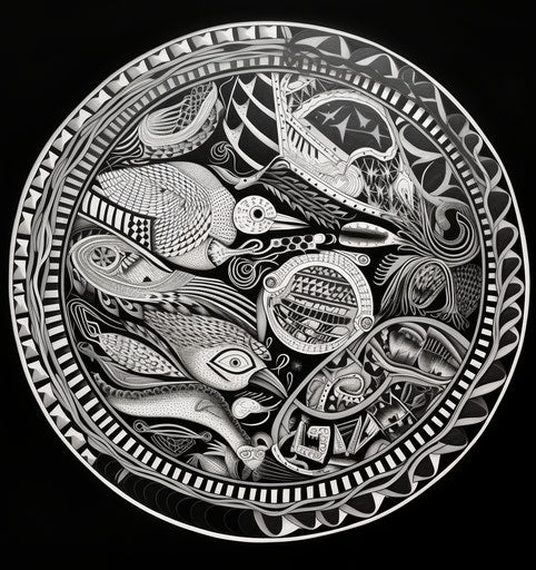 Black and white drawing of a round shape with stylized design