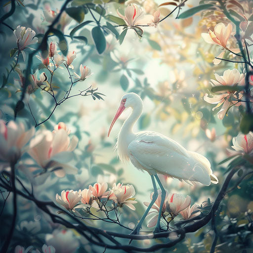 Ibis bird in a whimsical garden setting with playful details