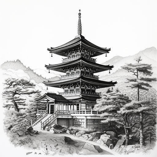 Japanese pagoda in mountainous region