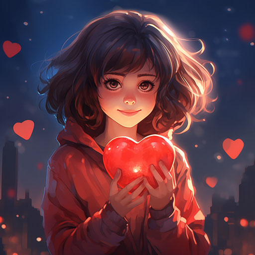 Joyful girl holding love heart with heart sign