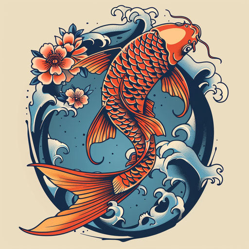 Traditional Japanese clipart style flat tattoo sketch of a koi fish with waves