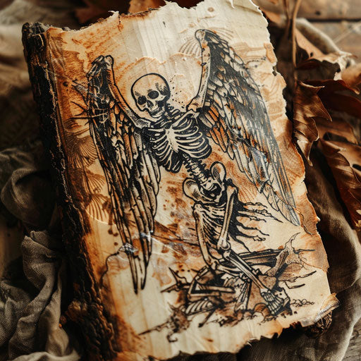 Rustic tattoo sketch of the angel of death with woodcut textures