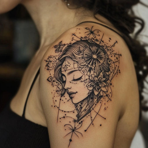 Shoulder tattoos for females with cosmic patterns