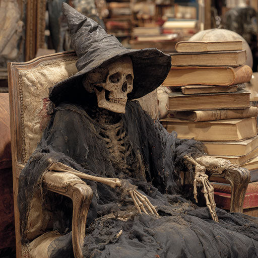 Skeleton in Antique Chair with Witch Hat and Books