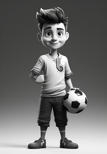Cartoon black and white drawing of a boy with a soccer ball