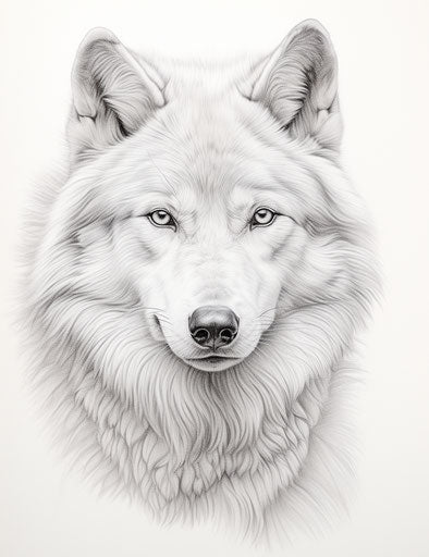 A white wolf colored in pencil, character caricatures style